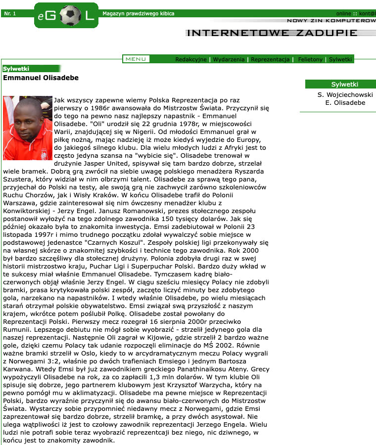 Sylwetka Emmanuela Olisadebe w pierwszym numerze eGola