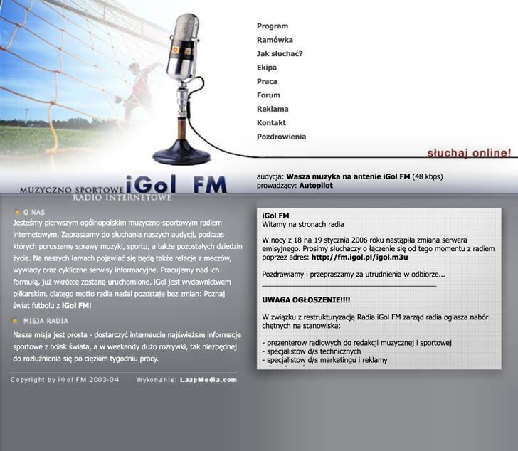 Pierwsza strona fm.igol.pl, projekt z 2004 roku