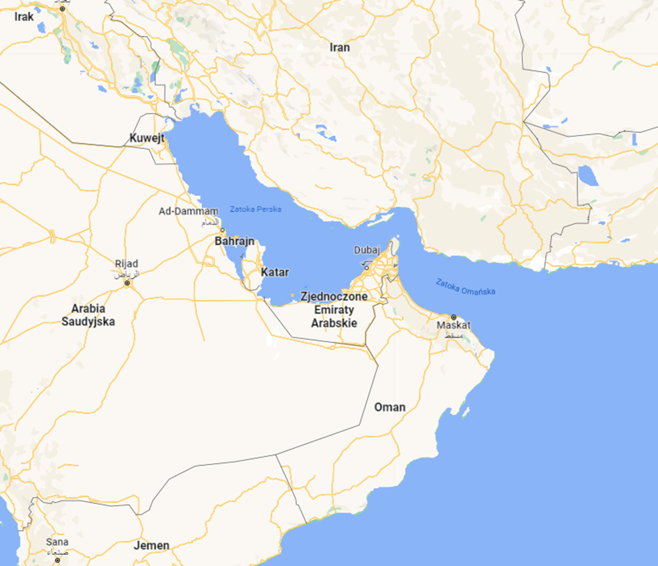 Mapa państw leżących przy Zatoce Perskiej - mogących grać w Gulf Cup.