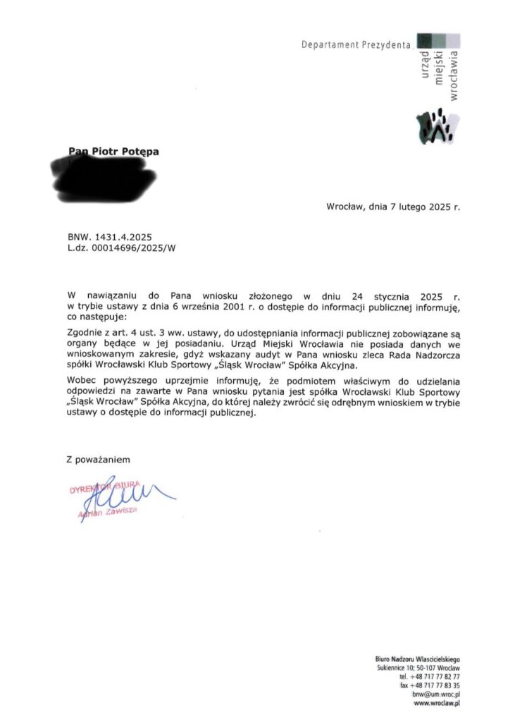 Odpowiedź Urzędu Miasta na wniosek o dostęp do informacji publicznej. Śląsk Wrocław
